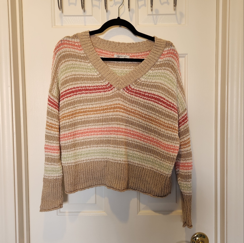 American Eagle Striped V-Neck Sweater